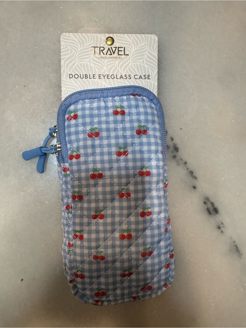 Travel Double Eyeglass Case - Blue Gingham with Cherry Print